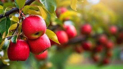 Red apple, orchard background, autumn harvest, ai generative