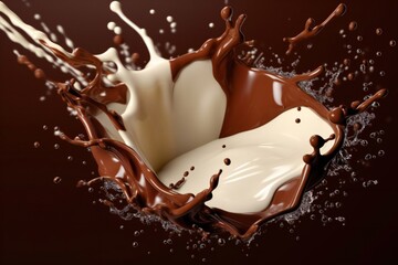 Naklejka na ściany i meble A chocolate and vanilla milk pouring and mixing Generative AI 
