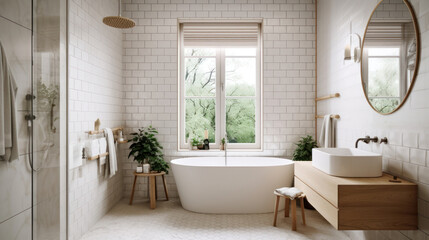 Naklejka na ściany i meble Interior of a Scandinavian Style Bathroom with Light Tiles