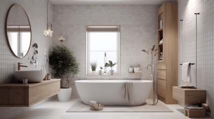 Naklejka na ściany i meble Interior of a Scandinavian Style Bathroom with Light Tiles