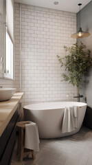 Fototapeta na wymiar Interior of a Scandinavian Style Bathroom with Light Tiles