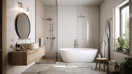 Interior of a Scandinavian Style Bathroom with Light Tiles - obrazy, fototapety, plakaty