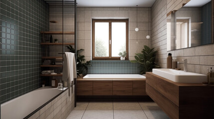 Fototapeta na wymiar Interior of a Scandinavian Style Bathroom with Light Tiles
