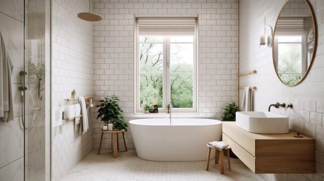 Fototapeta Interior of a Scandinavian Style Bathroom with Light Tiles