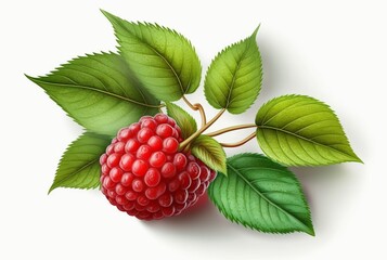 raspberries with leaves isolated on white background. generative ai
