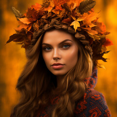 Fototapeta premium Lady autumn with fallen leaves in hair. Season fall. AI generative