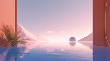 The minimal of pastel color sunset over the sea. Generative AI.