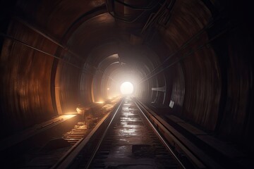 Fototapeta na wymiar Abandoned tunnel of the train with intense sunlight. Generative AI.
