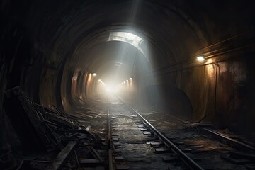 Fototapeta na wymiar Abandoned tunnel of the train with intense sunlight. Generative AI.