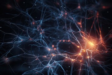 Microscopic of Neural network Brain cells, Human nervous system. Generative AI. - obrazy, fototapety, plakaty