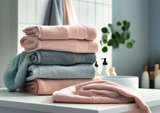 stacks of towels on a white kitchen table next to a washing machine