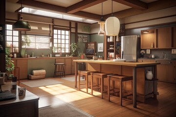 Dining interior modern area with wooden design. Generative AI.	
