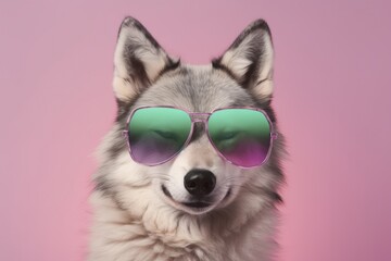 Husky dog portrait with sunglasses. Generative AI.