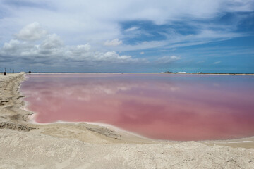 landscape and sand beach of the pink lagoon las coloradas in mexico