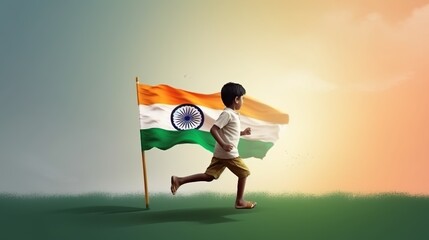 Illustration of kid with Indian flag for Independence Day India and republic day, Generative Ai