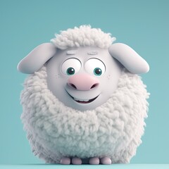 Cute fluffy sheep character on a blue background, Generative AI