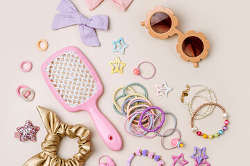 Set of baby girl hair accessories. Fashion hair bows, hair brush, hair clips, hairpins and hair...