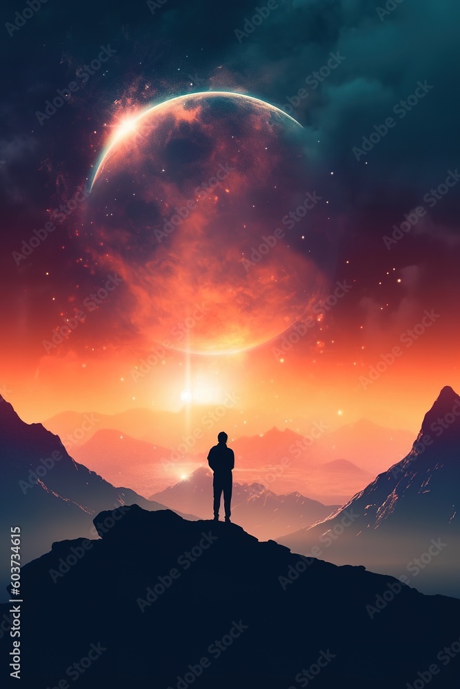 Poster an image of a guy in the shape of a crescent standing atop a mountain. generative ai