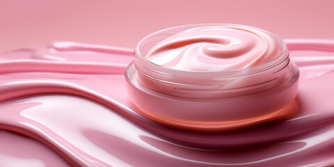 Pink brightening moisturizer cream in cosmetic box floating on the cream background. Beauty lotion fluttering explosion, splash explosion droplet. Isolated background. AI Generative