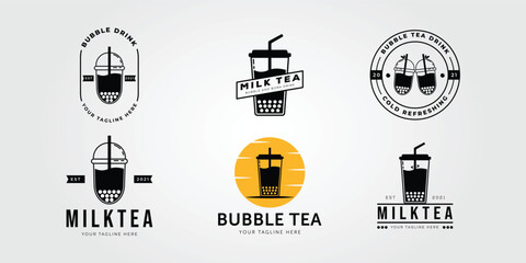 set of milk tea or thai tea logo or bundle of bubble drink symbol illustration design