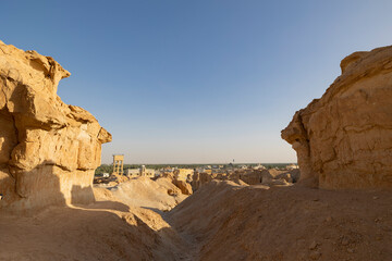 Sunset views across over the oasis town of Al Hasa from Al Qarah hills, Saudi Arabia