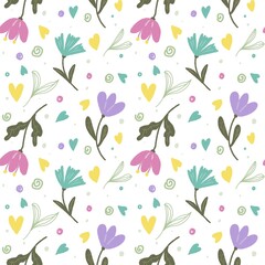 Seamless cute floral pattern for kids. Hand-drawn with digital texture brushes.