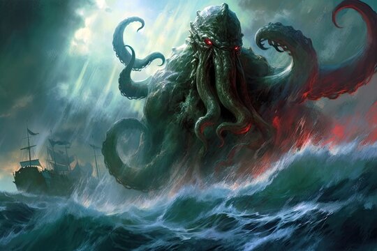 fantasy creature kraken rises, its tentacles reaching towards the storm-wracked sky, Generative AI