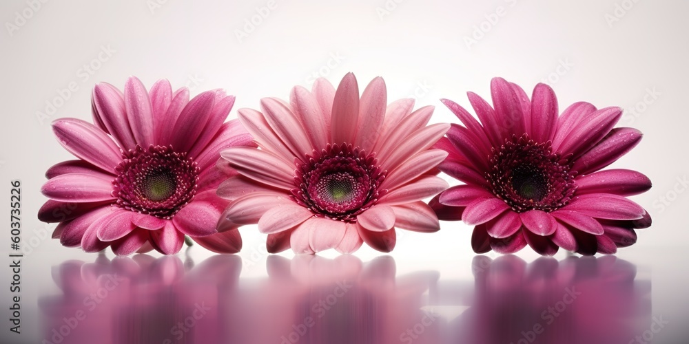 Poster a cluster of three pink flowers that are placed atop a table generative ai