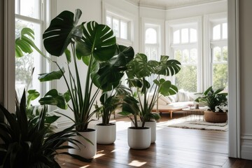 Large statement plants like monstera or Fiddle Leaf Fig at white home interior. Large Indoor Plants for Making a Big Statement. houseplants with big leaves