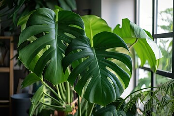 Obraz na płótnie Canvas Large statement plants like monstera or at home. Large Indoor Plants for Making a Big Statement. houseplants with big leaves