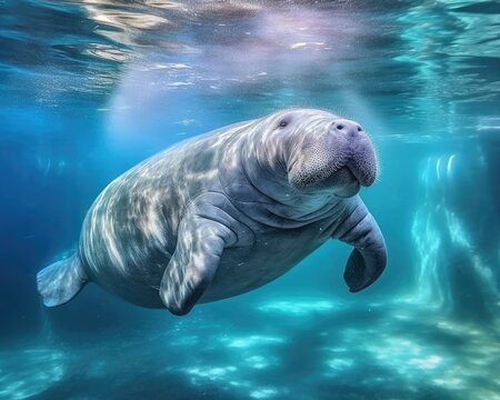 A manatee swims in water. (Generative AI)
