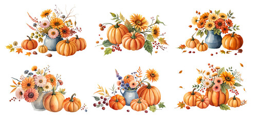 Harvest thanksgiving day illustration with autumn flowers and pumpkins. Generative Ai