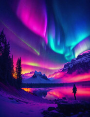 beauty of aurora and human loneliness, colorful, poster, atmosphere, ambiance, generative AI