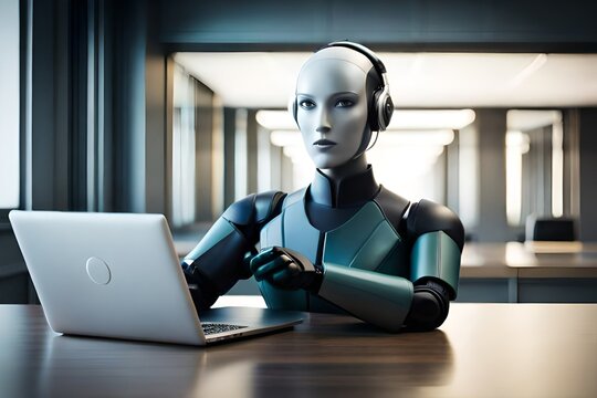 Robot humanoid use laptop and sit at table in future office. Generative AI
