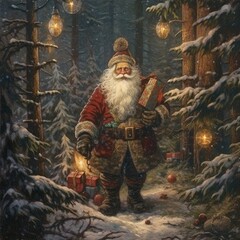 Fototapeta na wymiar Santa Claus in the dense forest. an old postcard. Generative AI