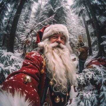Santa Claus with a white beard in a headdress suit takes a selfie. Generative AI