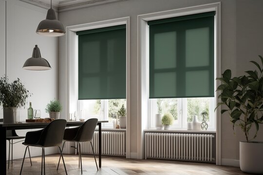 a dining room that consists of a table, chairs, and roller blinds that are green Generative AI
