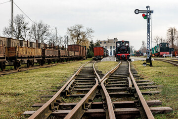Railroad switches on the rails at the railway station.