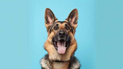 Portrait of a German Shepherd on a blue background with copy space.Generative Ai