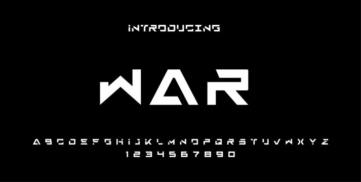 WAR, Sports minimal tech font letter set. Luxury vector typeface for company. Modern gaming font logo design, typography techno fonts classic style, regular uppercase and number. vector illustration