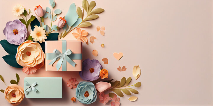 Women day and mother's day background banner in feminine color with space for text, backdrop with spring flowers and gift boxes, Generative AI