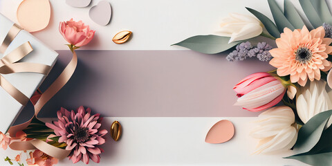 Women day and mother's day background banner in feminine color with space for text, backdrop with spring flowers and gift boxes, Generative AI