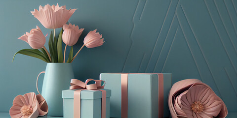 Women day and mother's day background banner in feminine color with space for text, backdrop with spring flowers and gift boxes, Generative AI