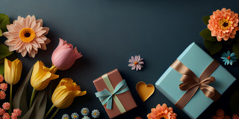 Women day and mother's day background banner in a feminine color, backdrop with spring flowers and gift boxes, Generative AI