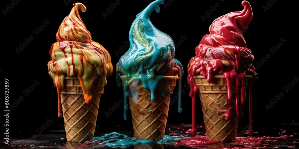 Aufkleber there are three ice cream cones, each with a distinct hue of ice cream. generative ai