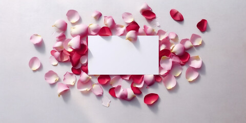 Blank white card in the center, surrounded by rose petals, white background top view, AI Generated