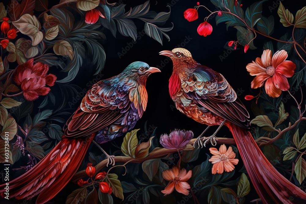 Poster a cartoon depiction of two birds perched together on a limb of a tree generative ai