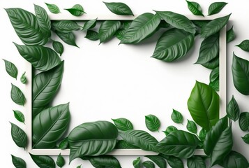 Naklejka premium Frame of green leaves on a white background. lay flat. Generative AI