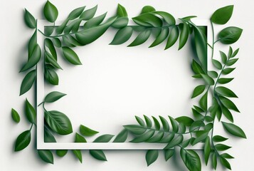 Frame of green leaves on a white background. lay flat. Generative AI
