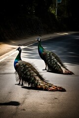Peaocks gracefully strolling along a busy highway